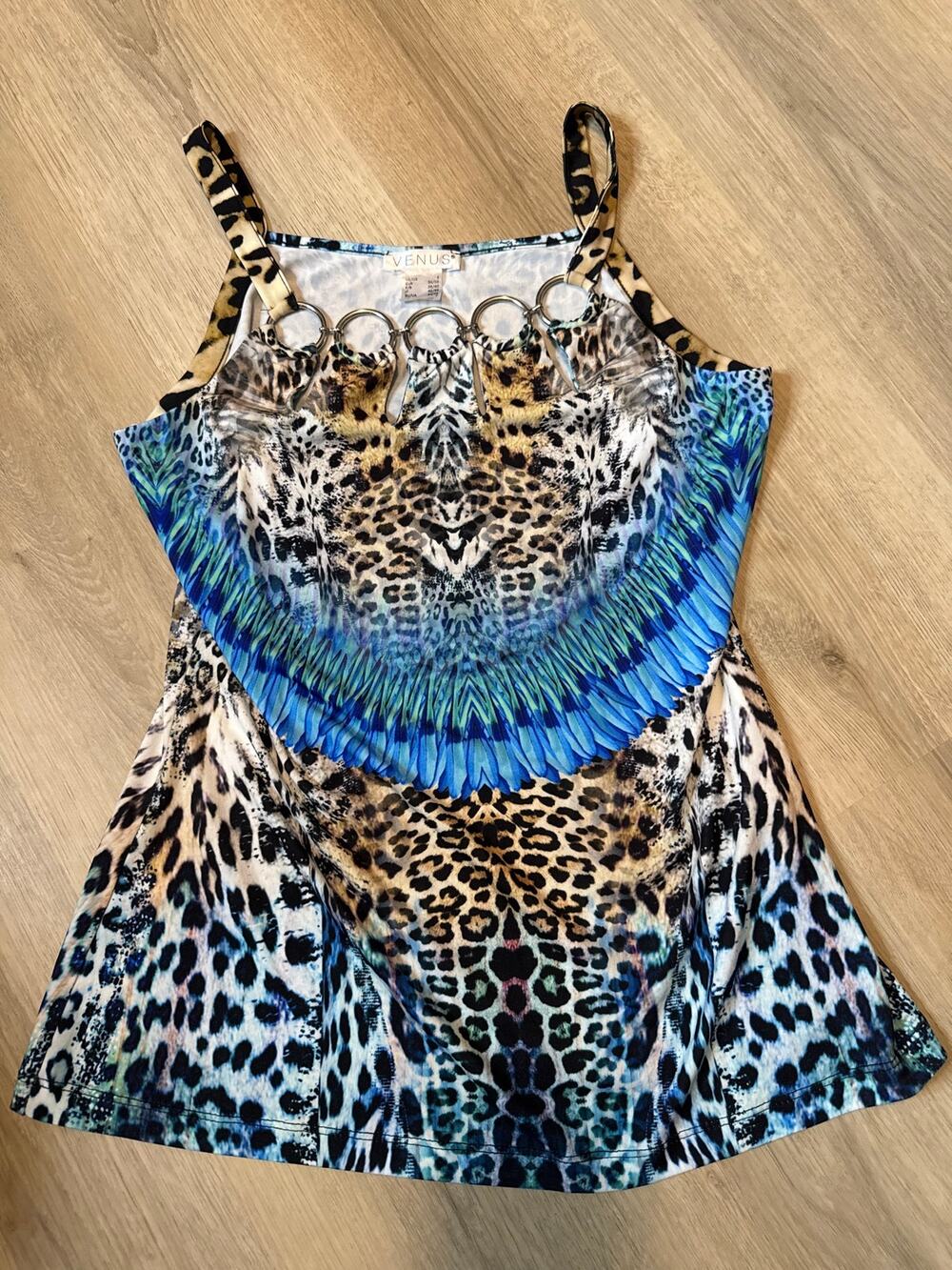 VENUS Women’s S Animal Print Blue Feather O-Ring Tank Top Y2K